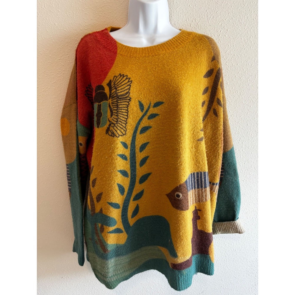 yesno Intarsia Knit Sweater XL Yellow Egyptian Scarab Fish Art to Wear Wool